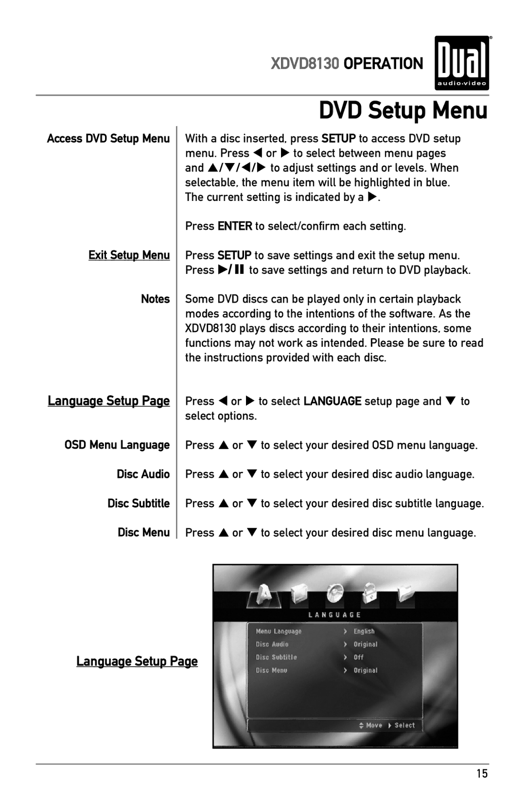 Dual XDVD8130 owner manual DVD Setup Menu, Press Enter to select/confirm each setting 