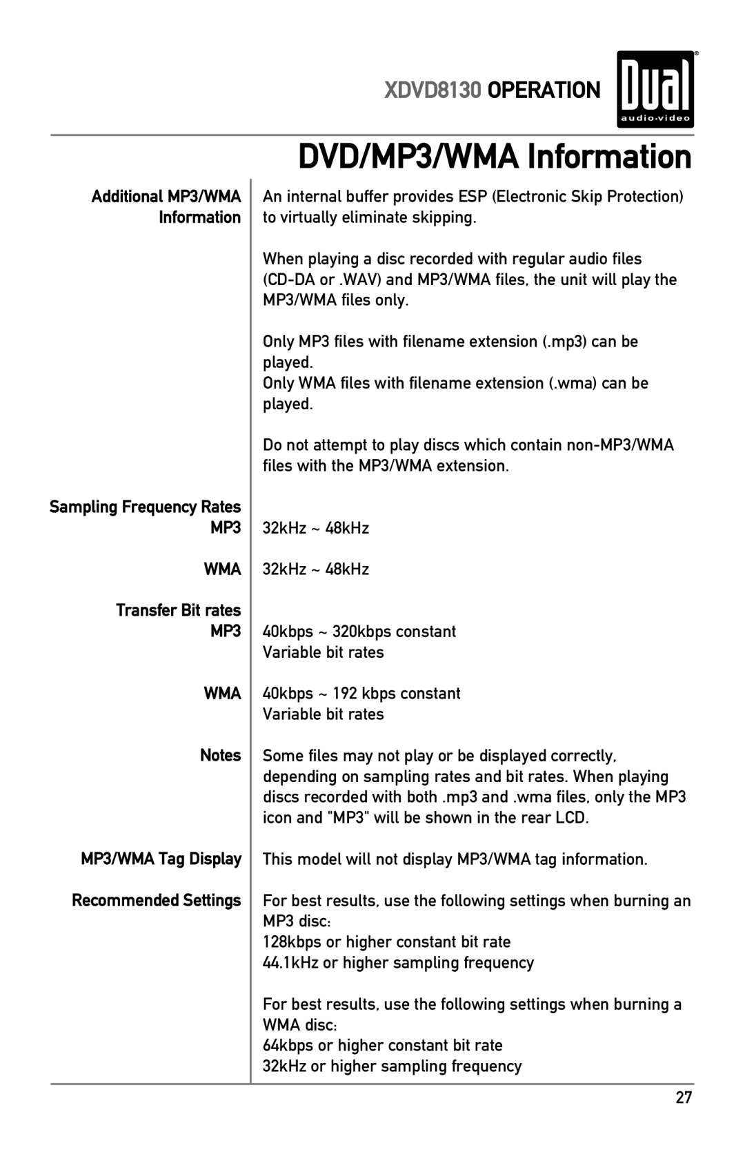 Dual XDVD8130 owner manual Transfer Bit rates, MP3/WMA Tag Display Recommended Settings 