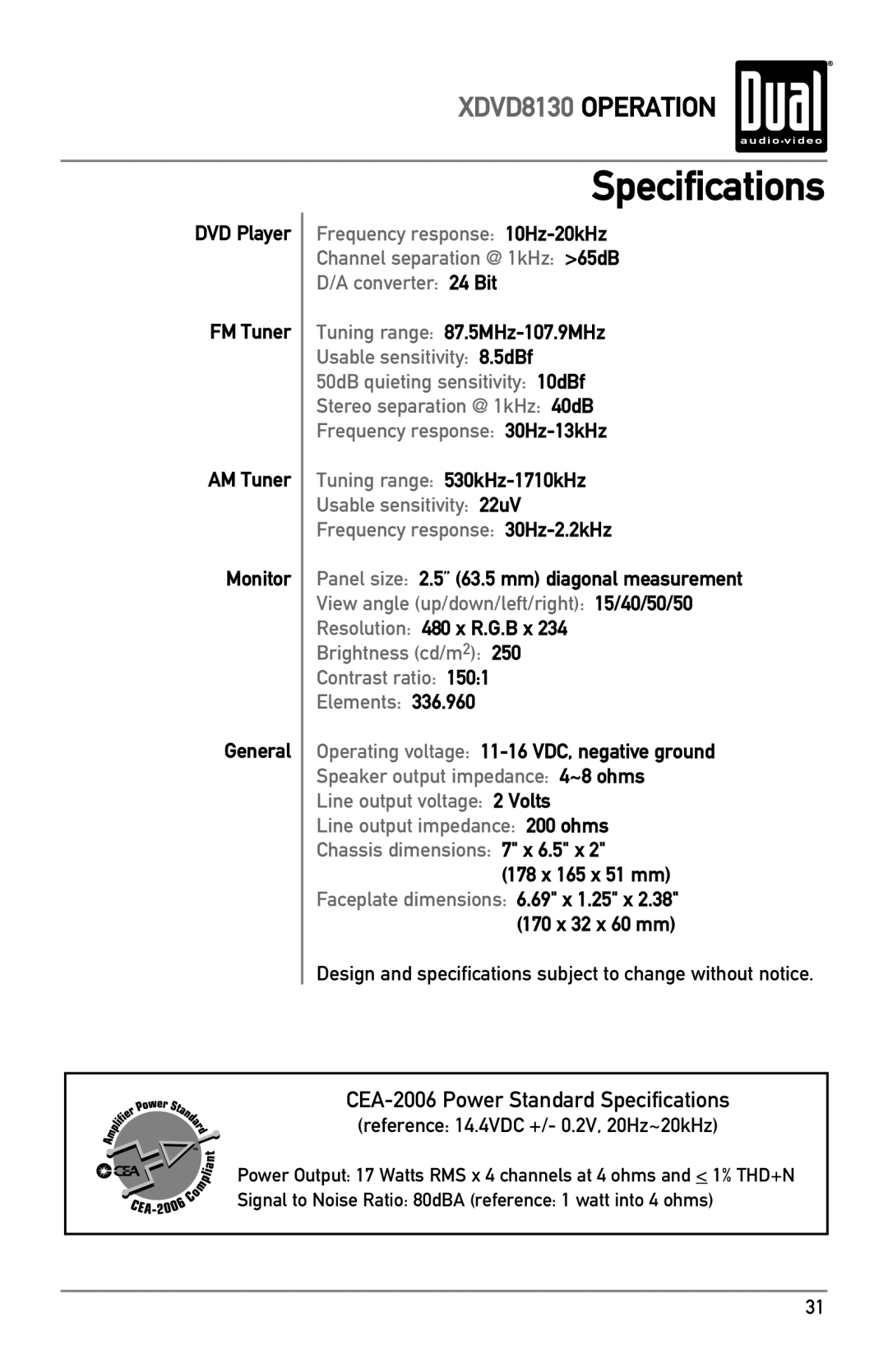 Dual XDVD8130 owner manual Specifications 