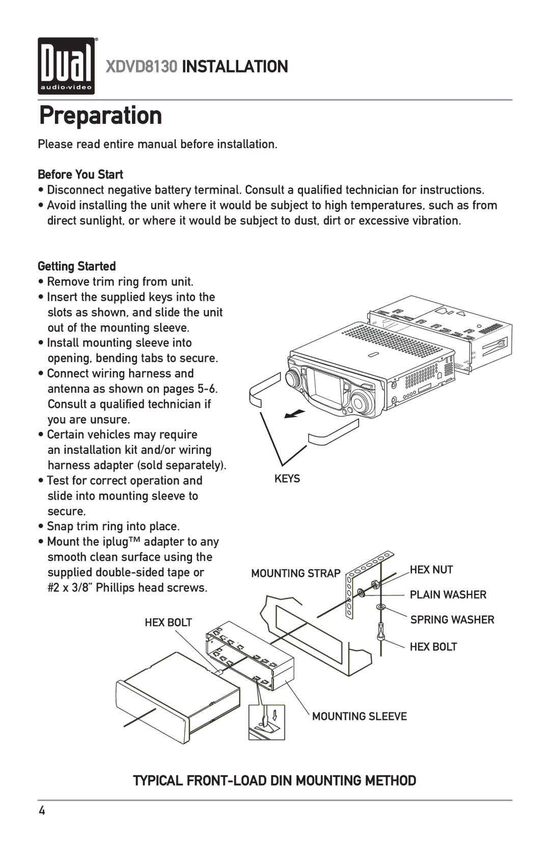 Dual XDVD8130 owner manual Preparation, Before You Start, Getting Started 