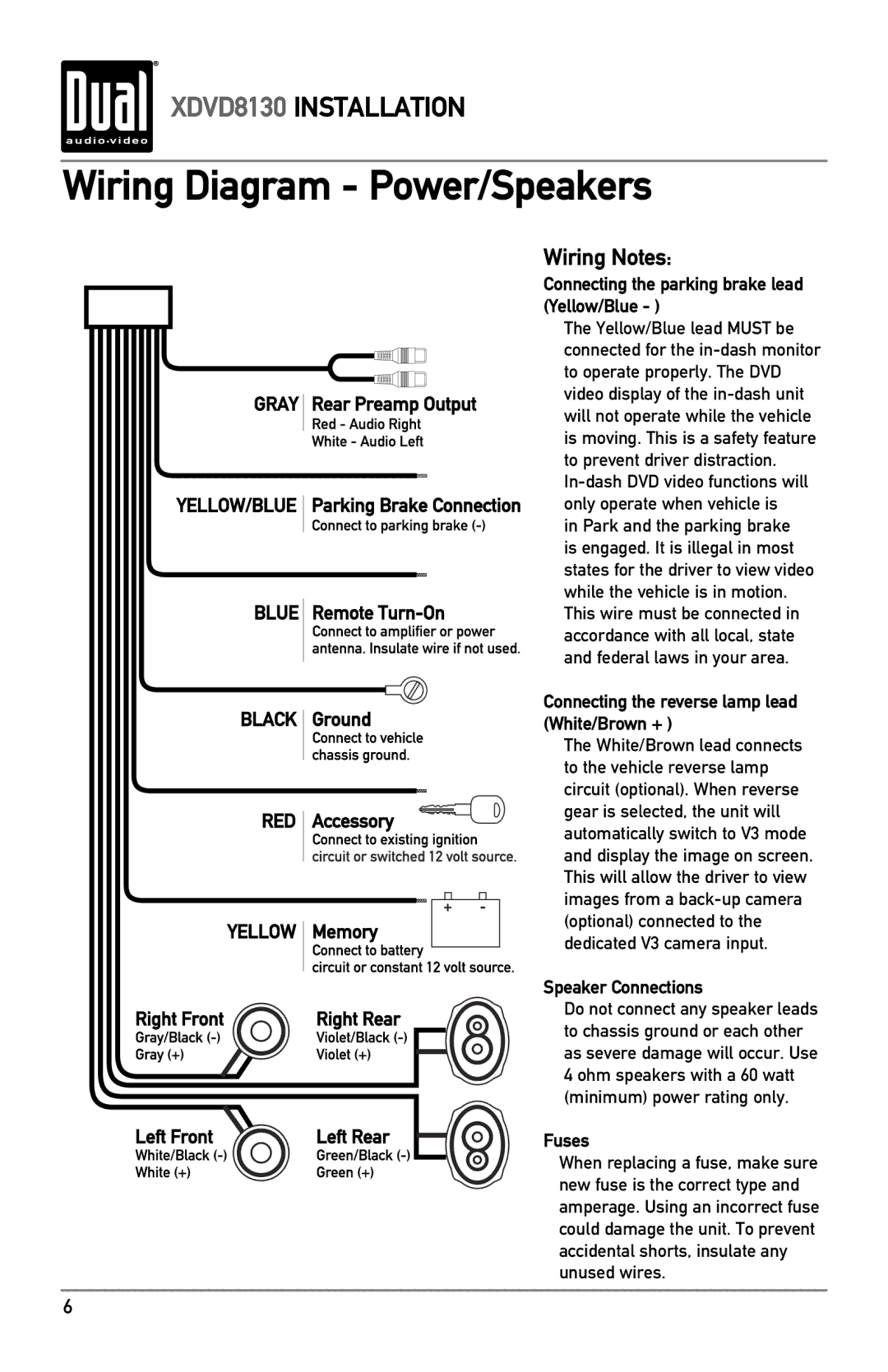 Dual XDVD8130 owner manual Wiring Diagram Power/Speakers, Wiring Notes 