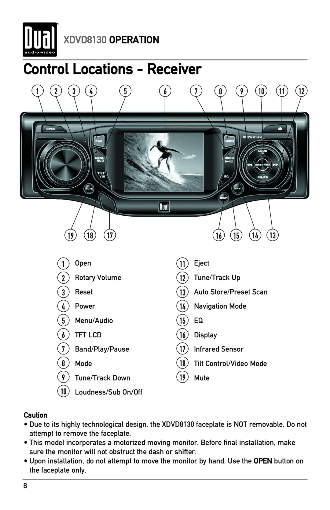 Dual XDVD8130 owner manual Open Eject Rotary Volume Tune/Track Up Reset, Power, Menu/Audio 