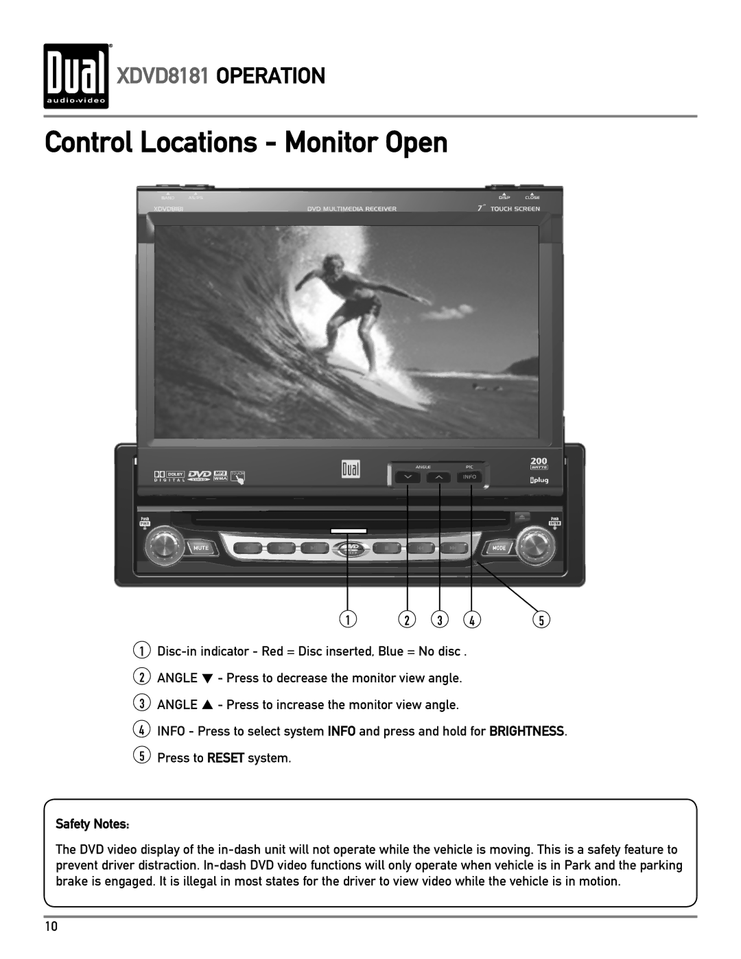 Dual XDVD8181 owner manual Control Locations Monitor Open, Safety Notes 