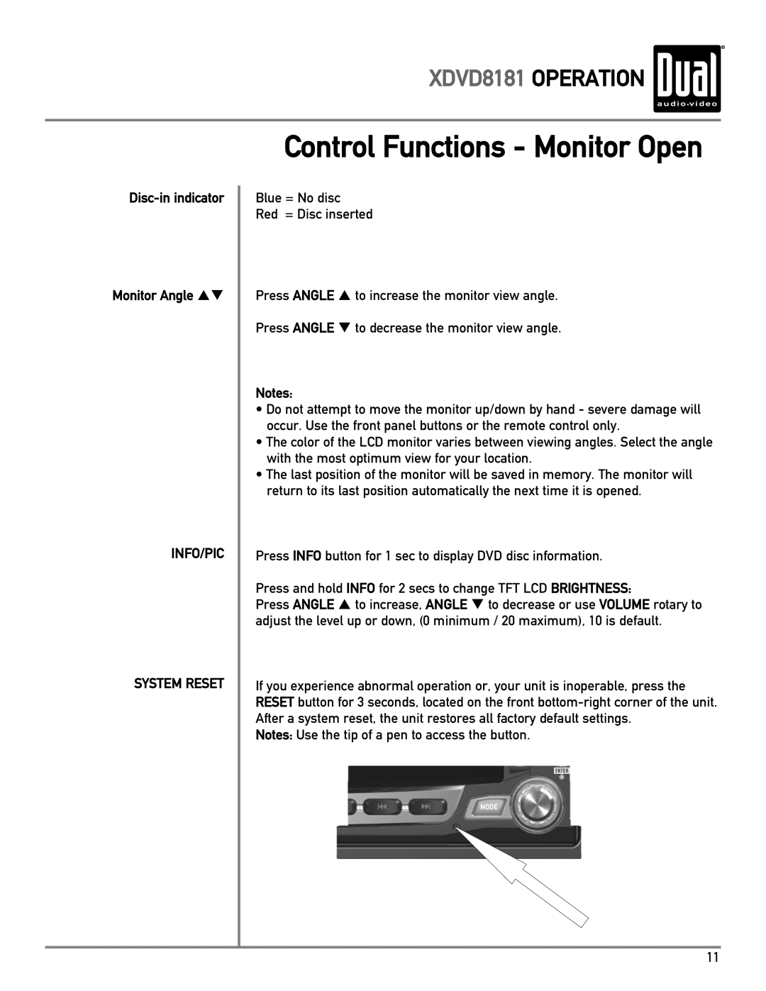 Dual XDVD8181 owner manual Control Functions Monitor Open, Disc-in indicator Monitor Angle pq 