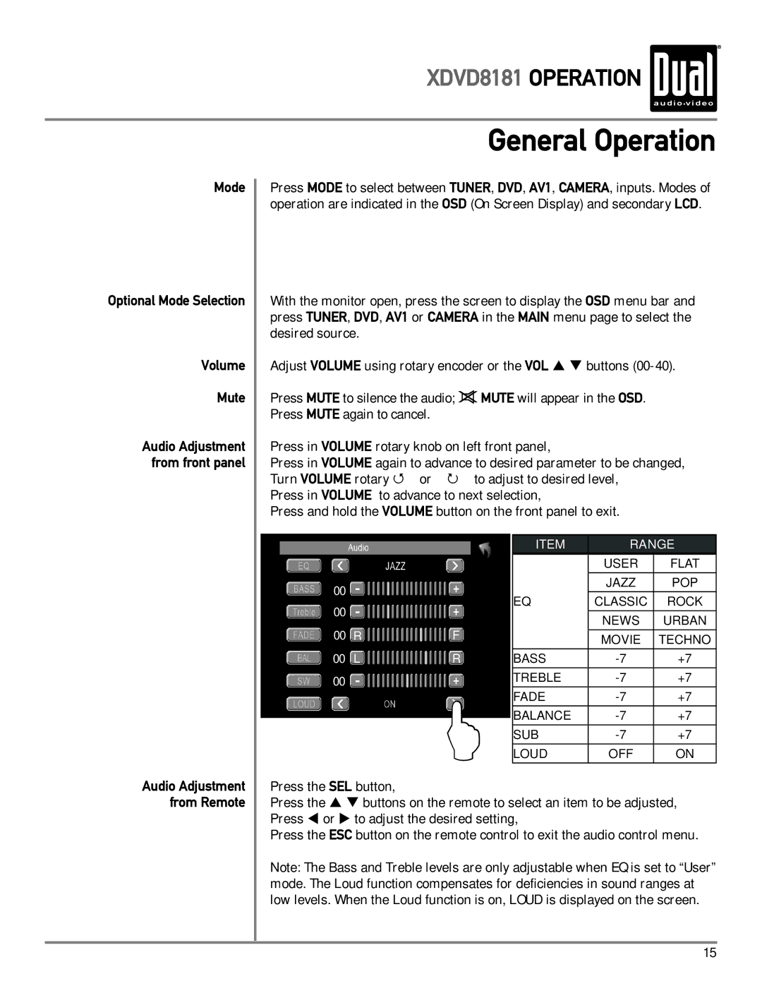 Dual XDVD8181 owner manual Mode, Volume Mute 