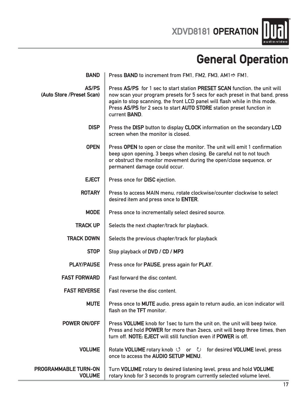 Dual XDVD8181 owner manual Programmable TURN-ON Volume 