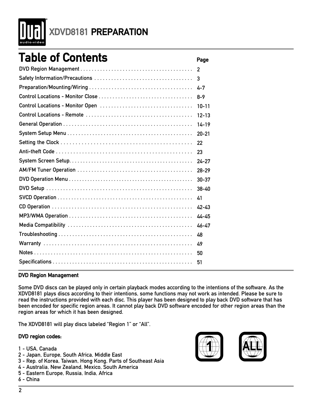 Dual XDVD8181 owner manual Table of Contents 