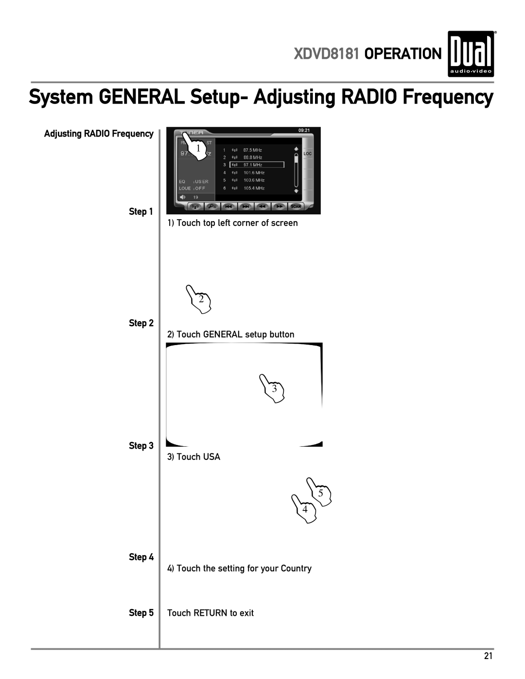 Dual XDVD8181 owner manual System General Setup- Adjusting Radio Frequency, Step 