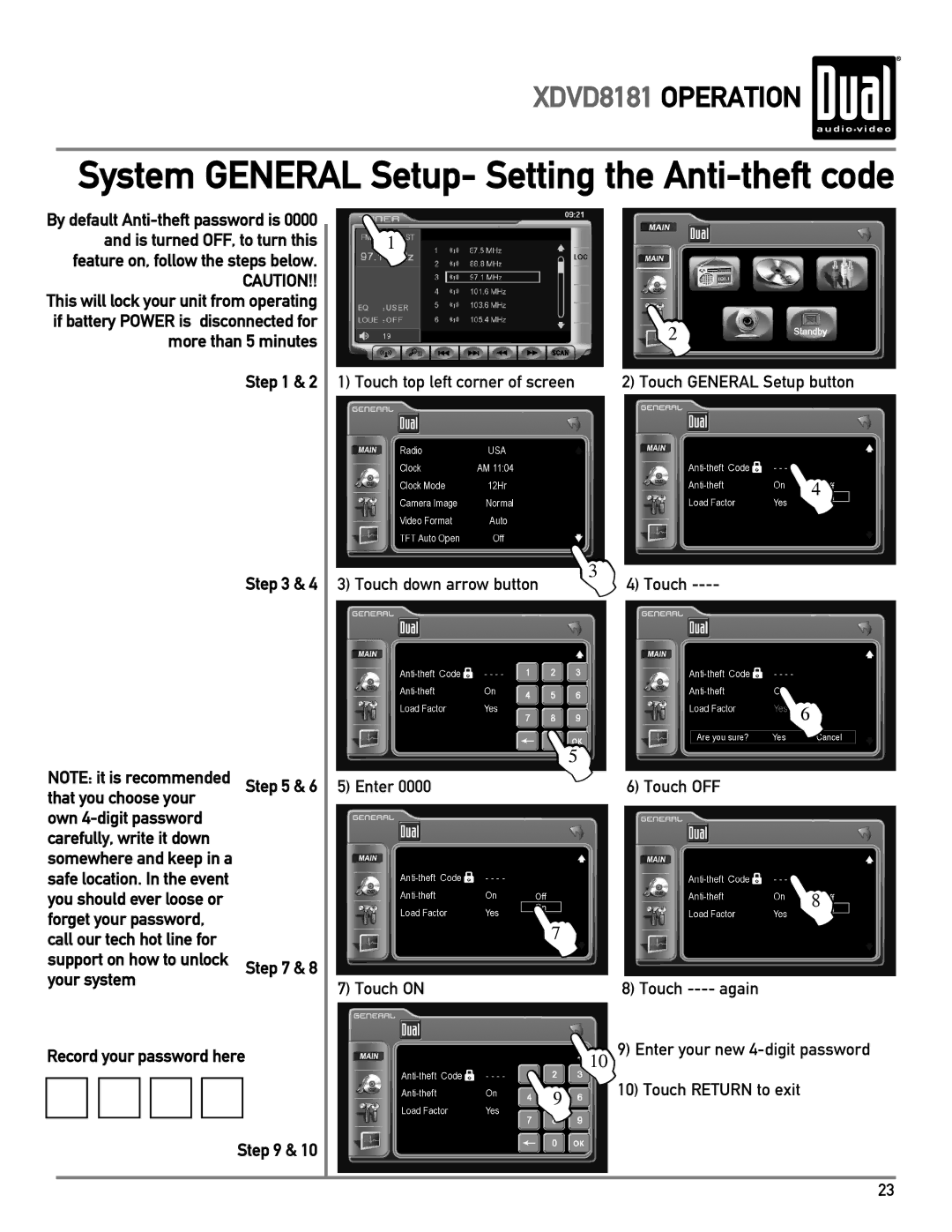 Dual XDVD8181 owner manual System General Setup- Setting the Anti-theft code 