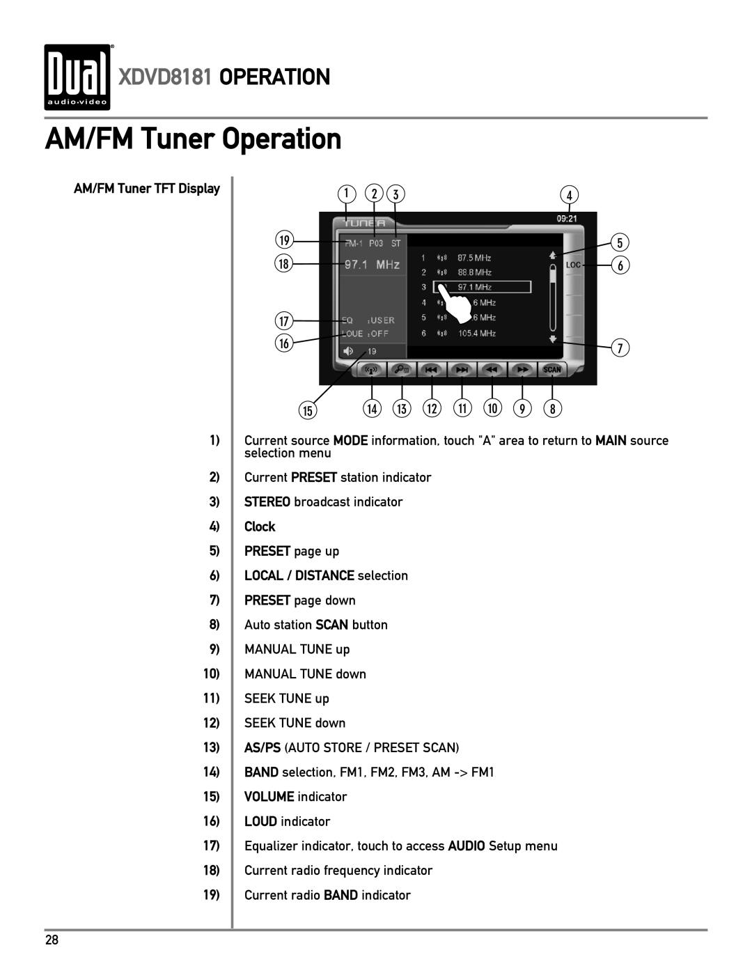 Dual XDVD8181 owner manual AM/FM Tuner Operation, AM/FM Tuner TFT Display, Clock Preset page up Local / Distance selection 