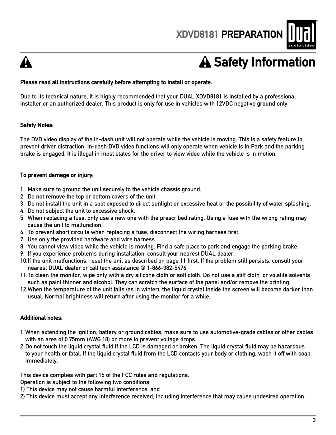 Dual XDVD8181 owner manual Safety Information, Safety Notes, To prevent damage or injury, Additional notes 