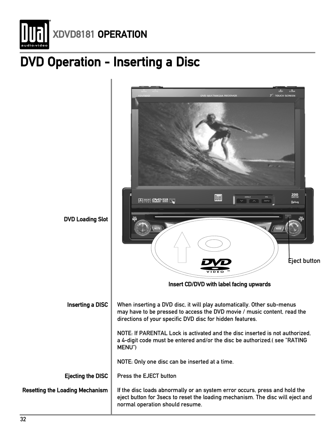 Dual XDVD8181 DVD Operation Inserting a Disc, DVD Loading Slot Inserting a Disc, Insert CD/DVD with label facing upwards 