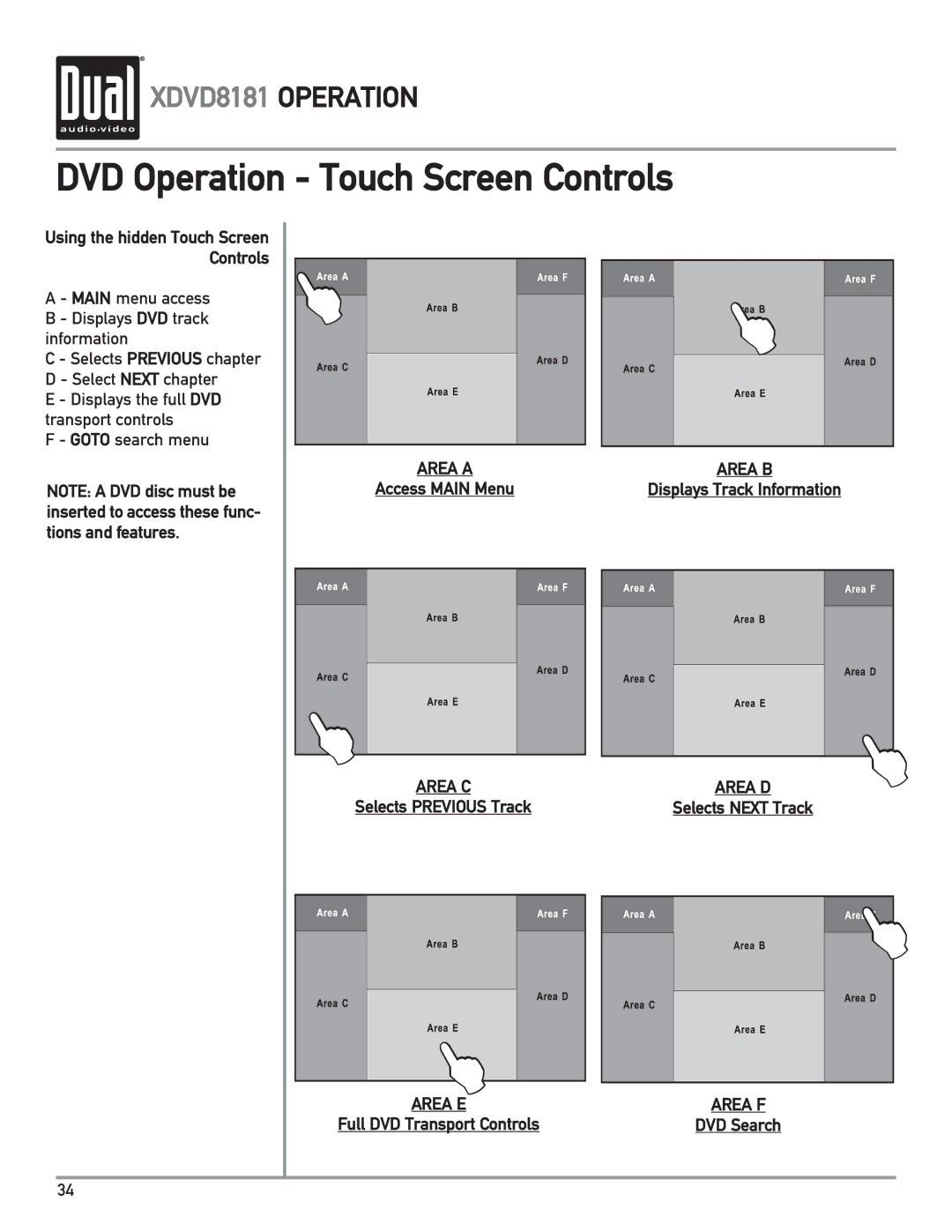 Dual XDVD8181 DVD Operation Touch Screen Controls, Access Main Menu, Selects Previous Track, Displays Track Information 