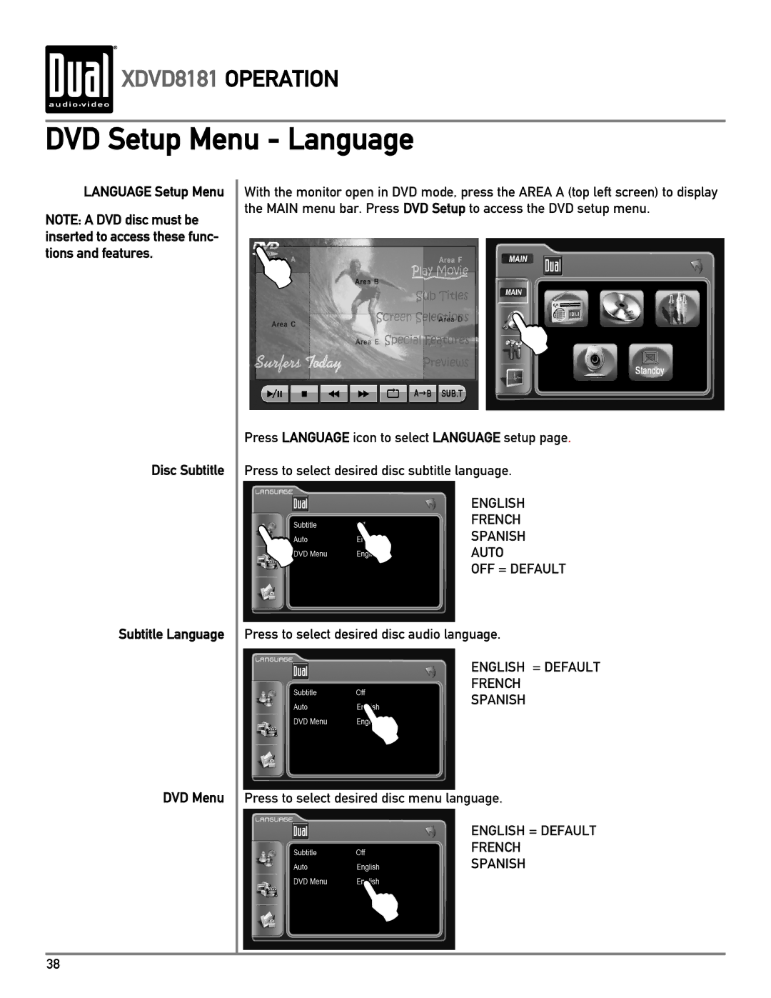 Dual XDVD8181 owner manual DVD Setup Menu Language, Language Setup Menu Disc Subtitle Subtitle Language DVD Menu 