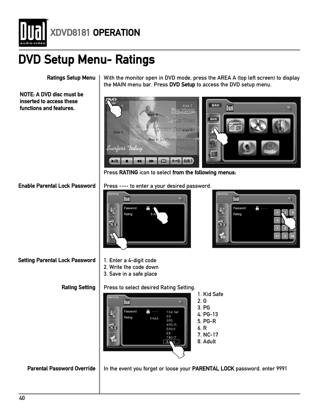 Dual XDVD8181 owner manual DVD Setup Menu- Ratings, Ratings Setup Menu, Rating Setting Parental Password Override 