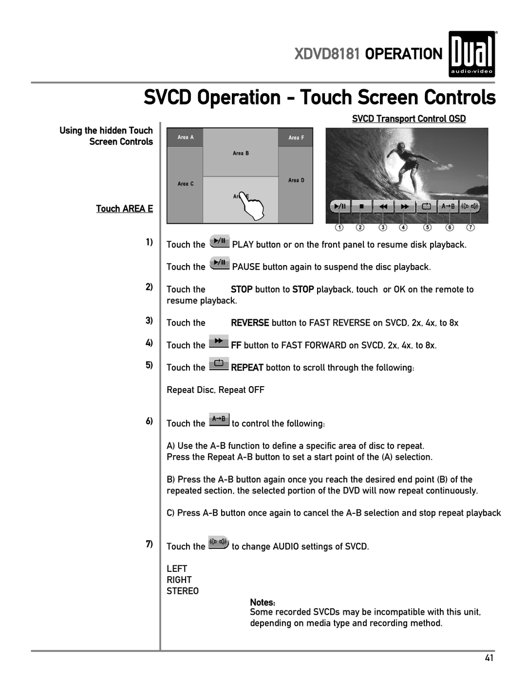 Dual XDVD8181 owner manual Svcd Operation Touch Screen Controls, Touch Area E Svcd Transport Control OSD 