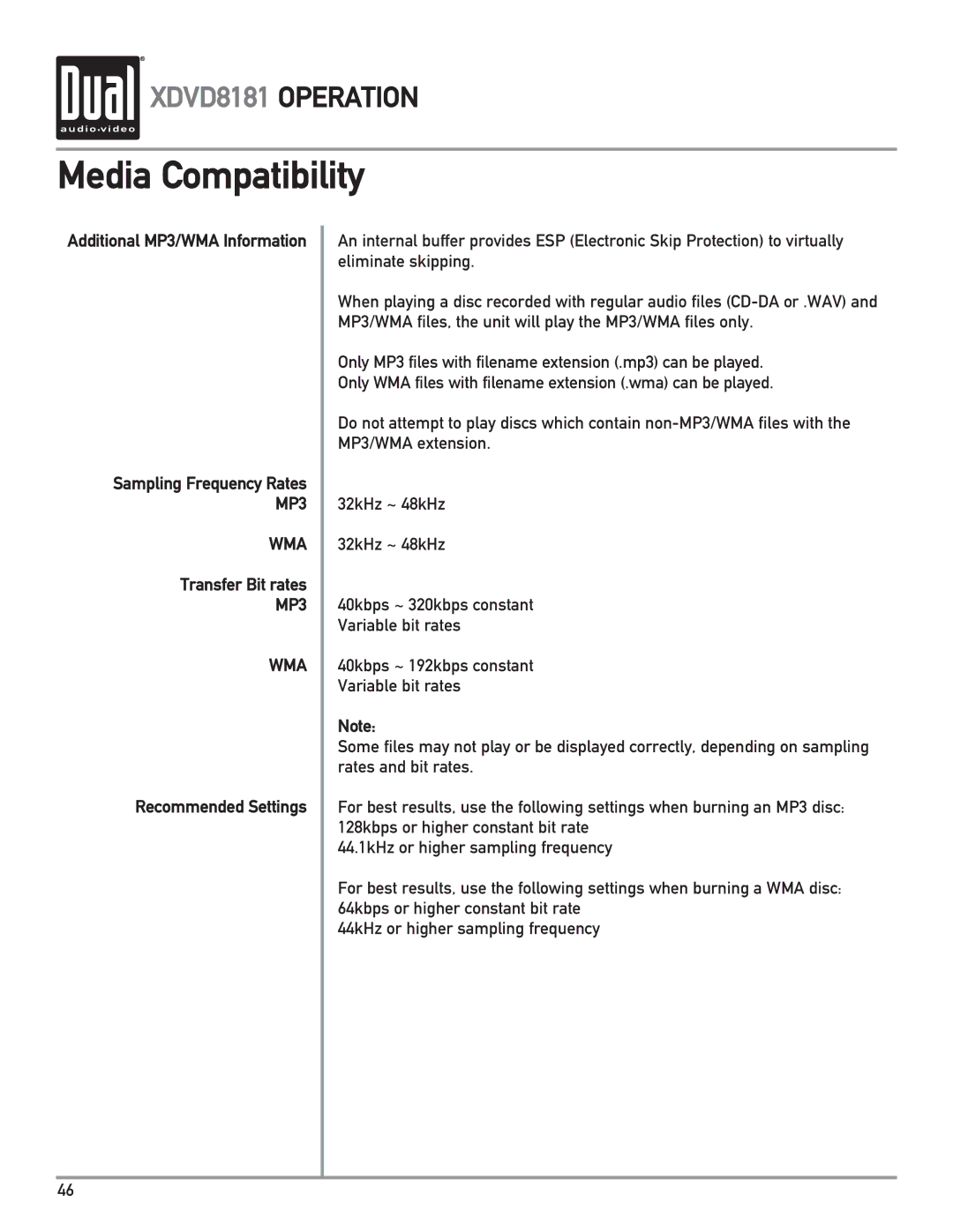 Dual XDVD8181 owner manual Media Compatibility, Additional MP3/WMA Information, Transfer Bit rates, Recommended Settings 