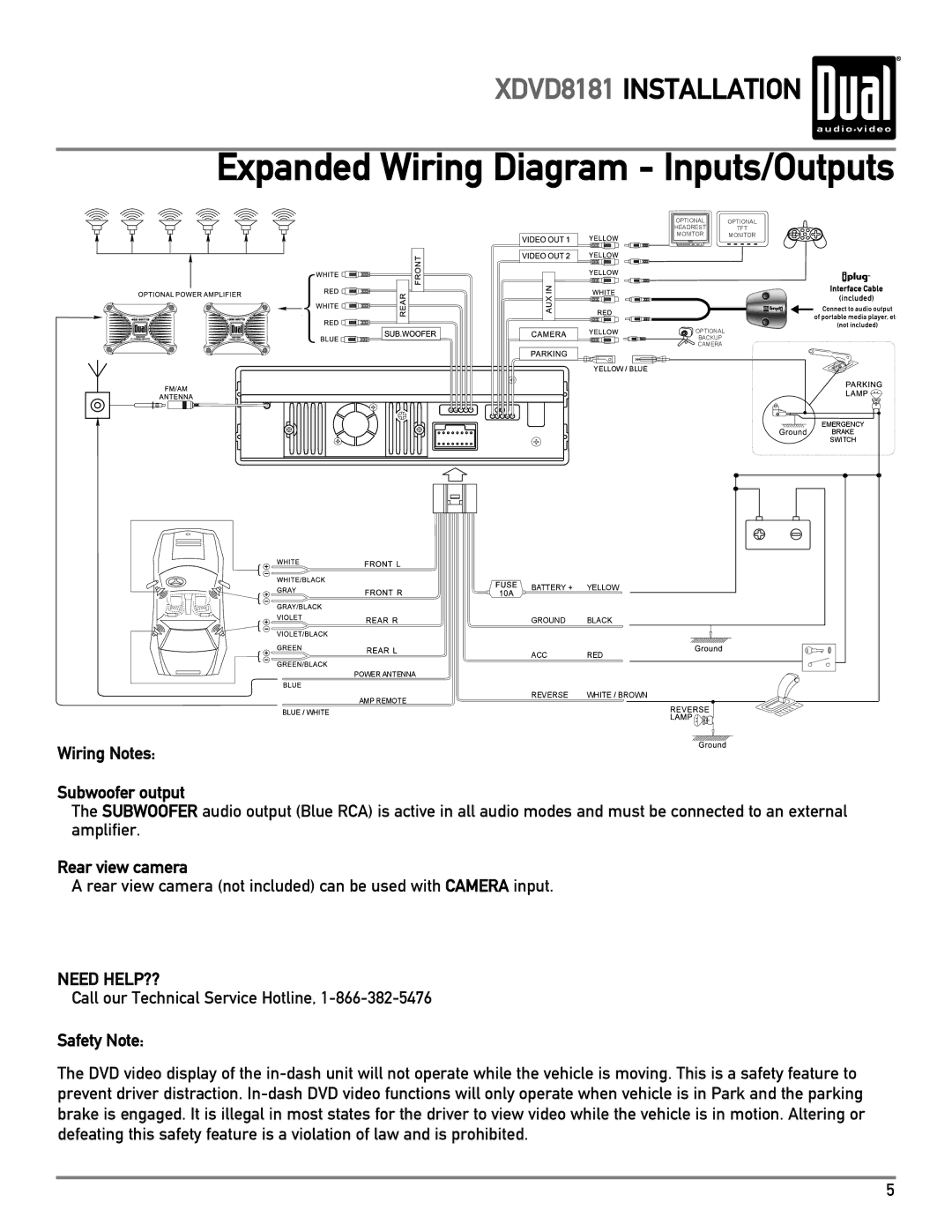 Dual XDVD8181 owner manual Wiring Notes Subwoofer output, Rear view camera 
