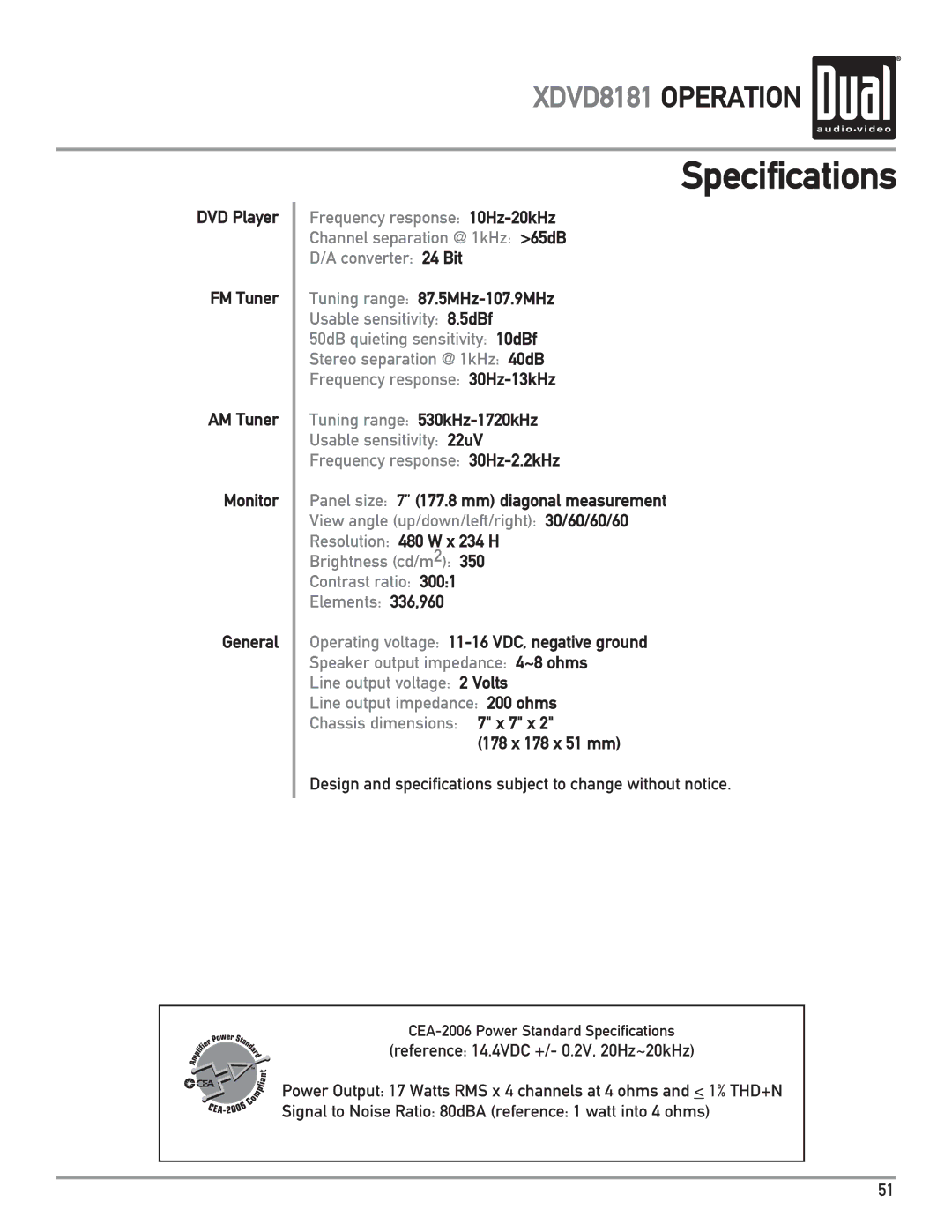 Dual XDVD8181 owner manual Specifications 