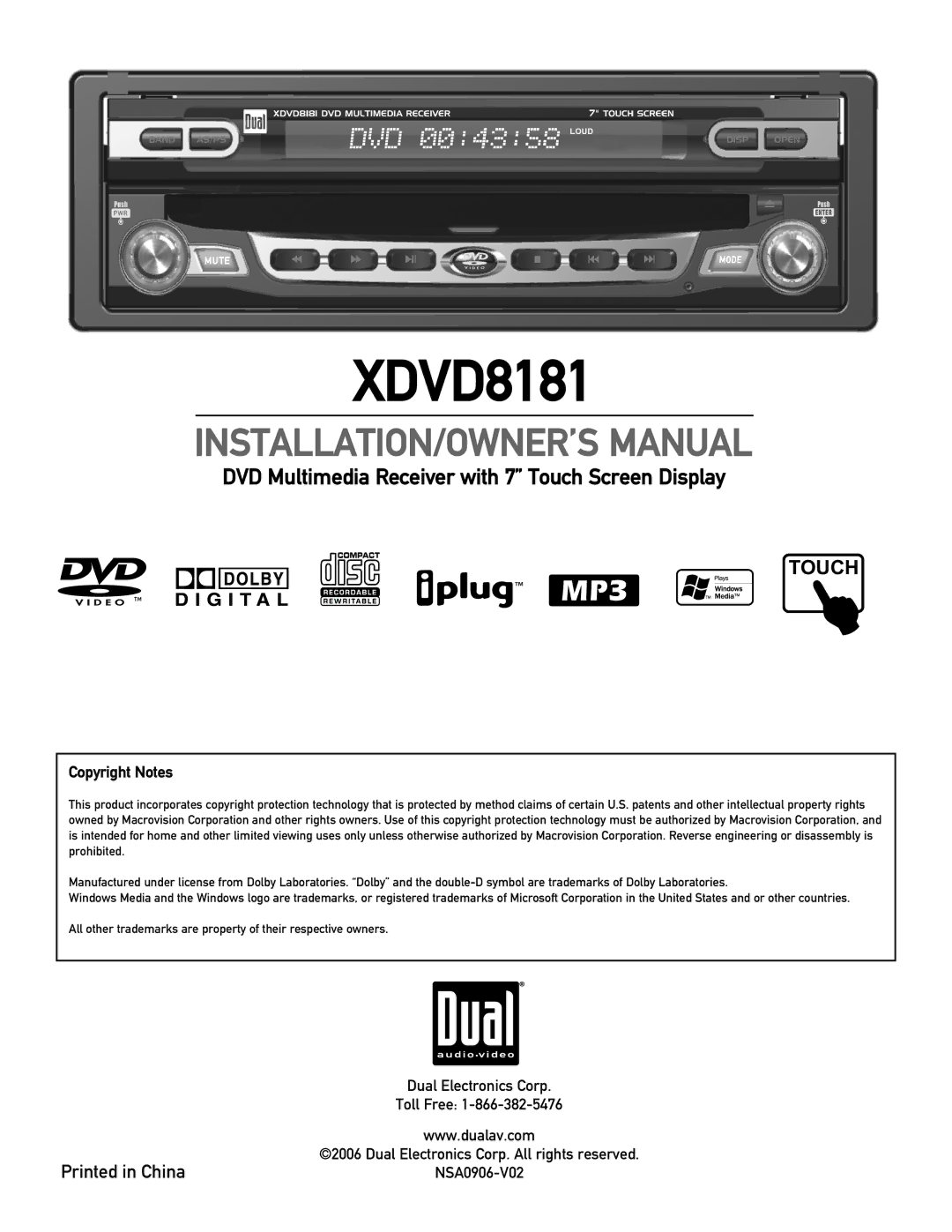 Dual XDVD8181 owner manual Copyright Notes 