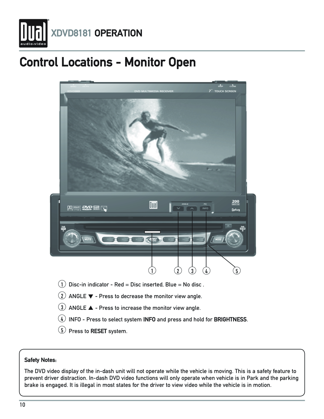 Dual owner manual Control Locations - Monitor Open, XDVD8181 OPERATION, Safety Notes 