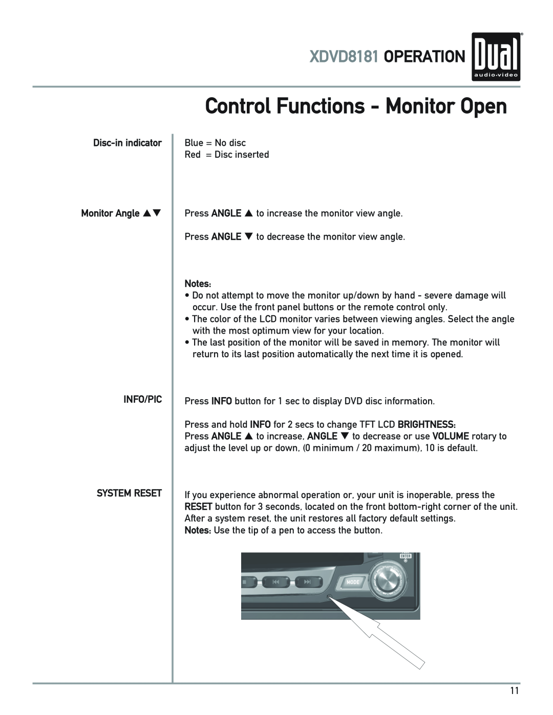 Dual Control Functions - Monitor Open, XDVD8181 OPERATION, Disc-inindicator Monitor Angle pq INFO/PIC, System Reset 