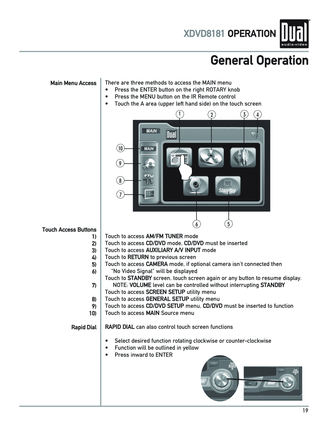 Dual owner manual General Operation, XDVD8181 OPERATION, Main Menu Access, 7 8 9 10 Rapid Dial 