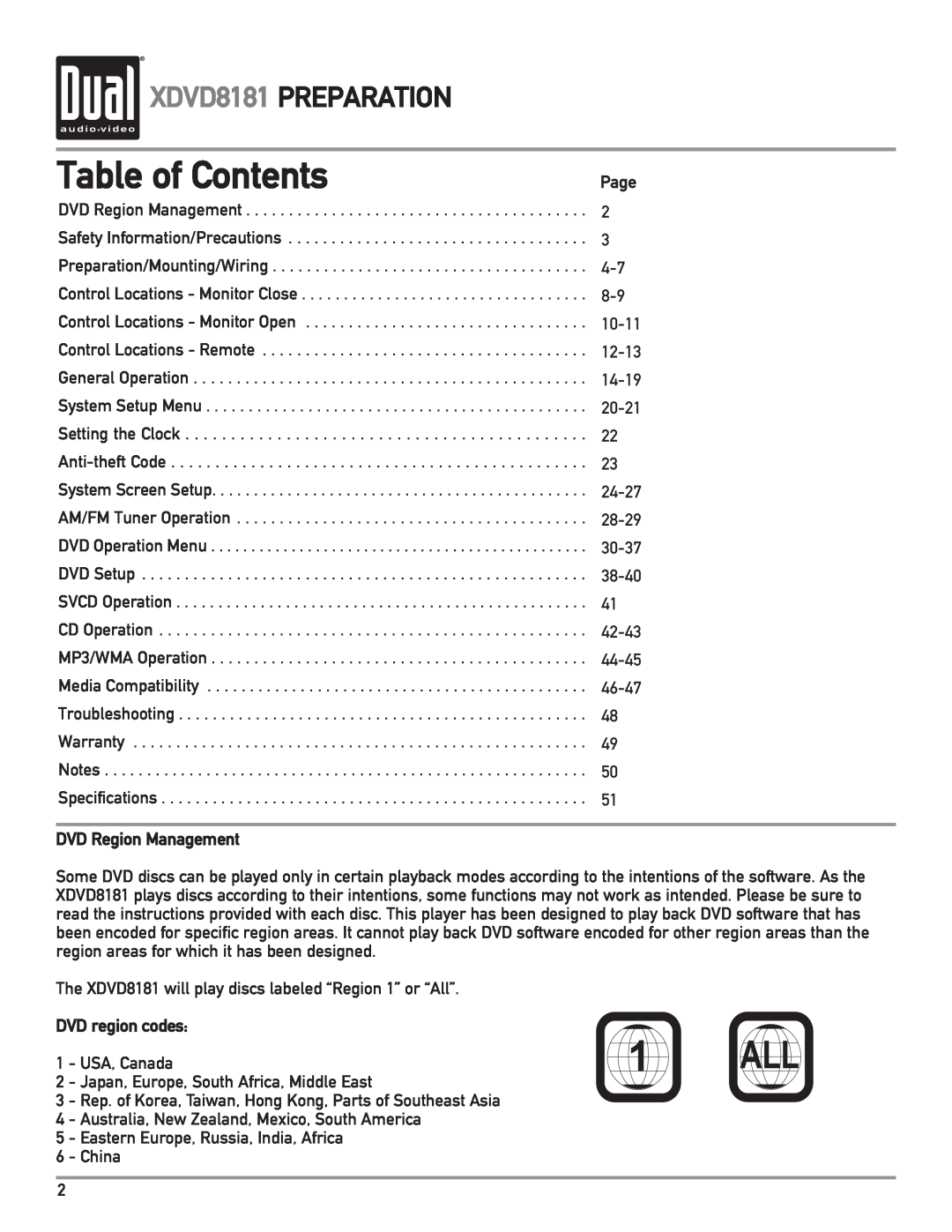 Dual owner manual Table of Contents, XDVD8181 PREPARATION, Page, DVD Region Management, DVD region codes 