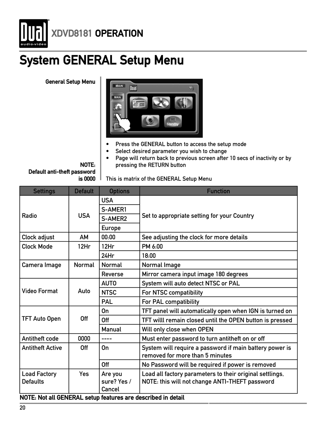 Dual owner manual System GENERAL Setup Menu, XDVD8181 OPERATION 