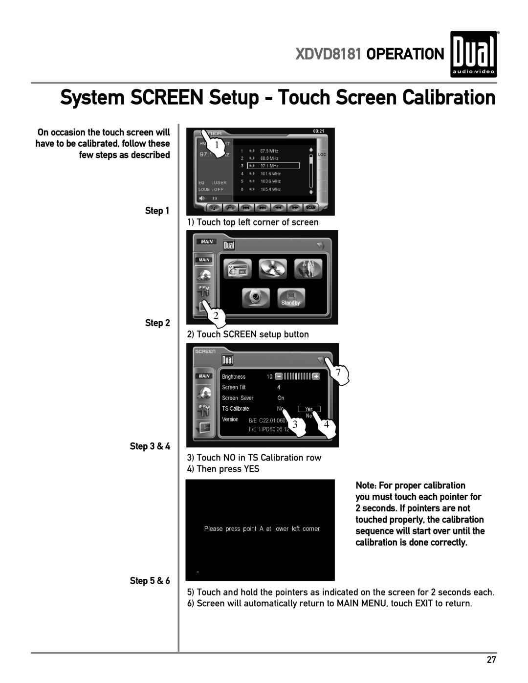 Dual owner manual System SCREEN Setup - Touch Screen Calibration, XDVD8181 OPERATION, Step Step & Step 