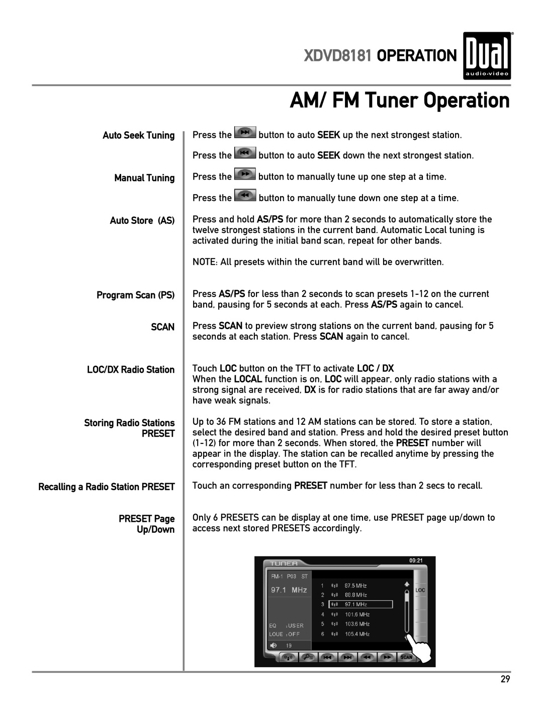 Dual AM/ FM Tuner Operation, XDVD8181 OPERATION, Auto Seek Tuning Manual Tuning Auto Store AS, PRESET Page Up/Down 