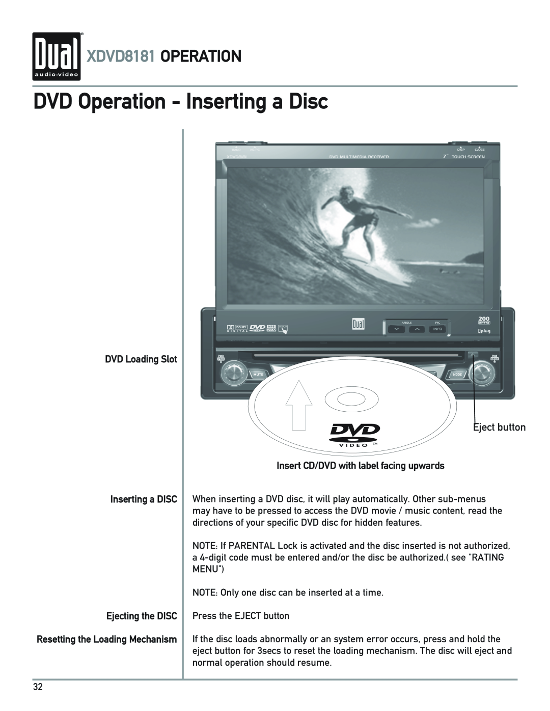 Dual owner manual DVD Operation - Inserting a Disc, XDVD8181 OPERATION, Eject button, DVD Loading Slot Inserting a DISC 