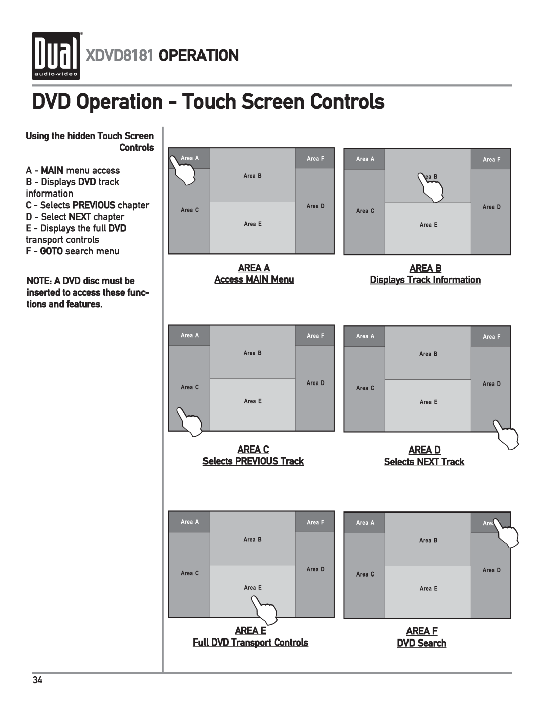 Dual DVD Operation - Touch Screen Controls, XDVD8181 OPERATION, AREA A Access MAIN Menu, AREA C Selects PREVIOUS Track 