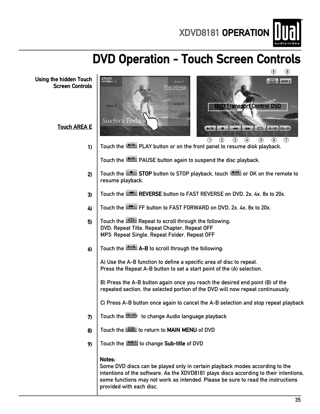 Dual DVD Operation - Touch Screen Controls, XDVD8181 OPERATION, Touch AREA E 1 2 3 4 5, DVD Transport Control OSD 
