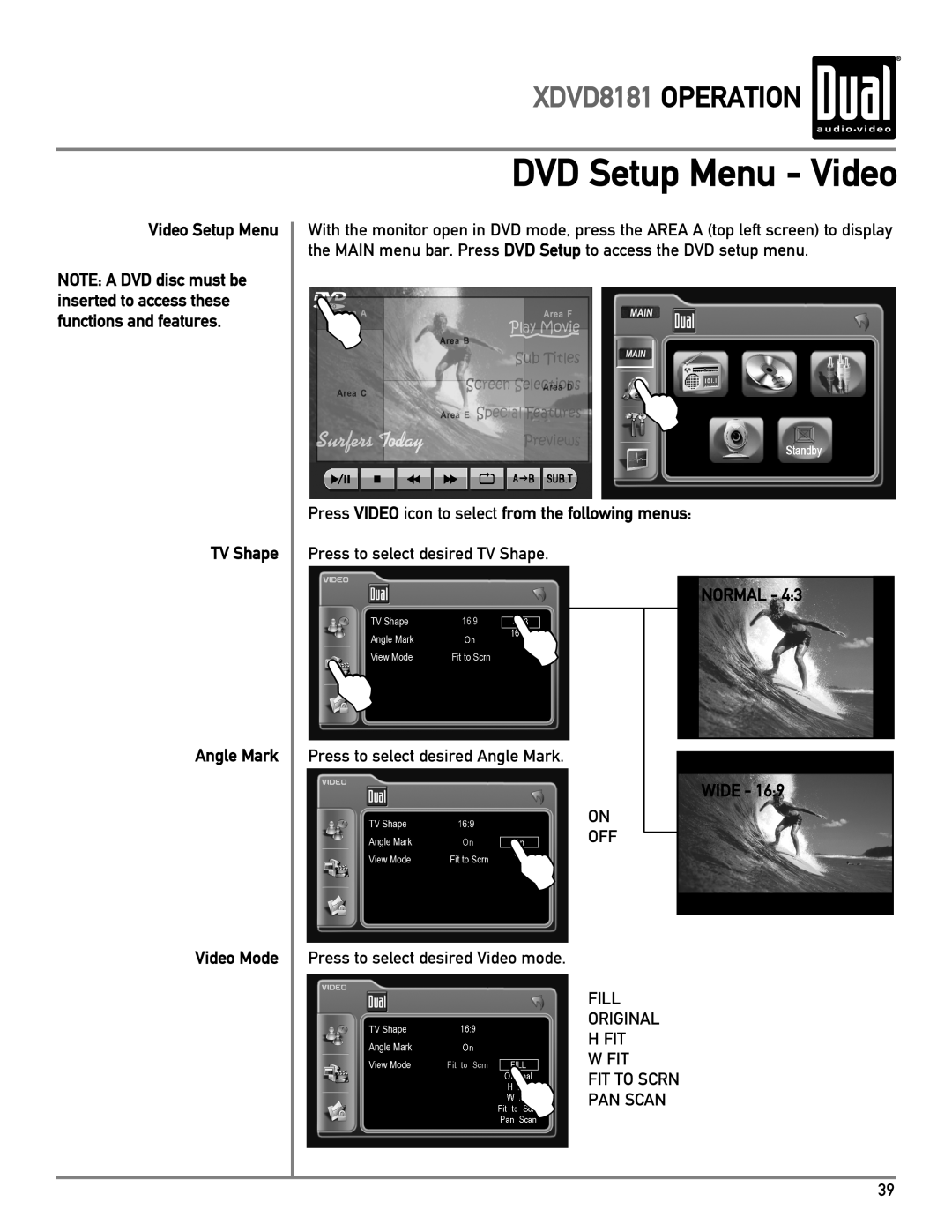 Dual DVD Setup Menu - Video, XDVD8181 OPERATION, Video Setup Menu, TV Shape, Angle Mark, NORMAL - 4 3 WIDE, Video Mode 
