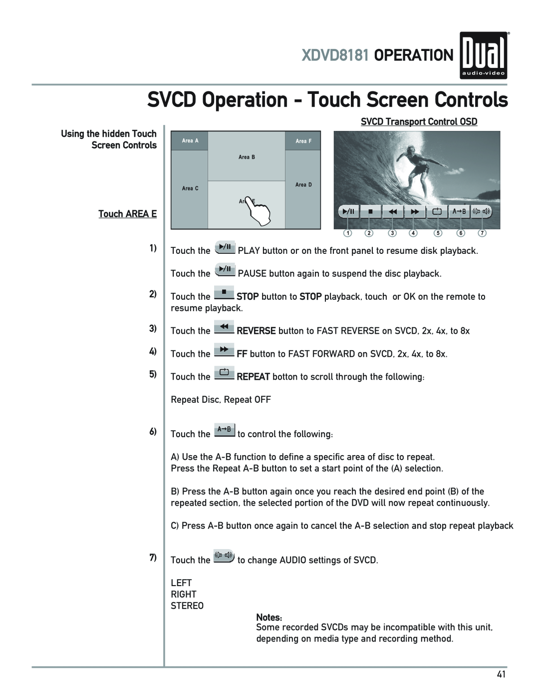 Dual owner manual SVCD Operation - Touch Screen Controls, XDVD8181 OPERATION, Touch AREA E 1, SVCD Transport Control OSD 