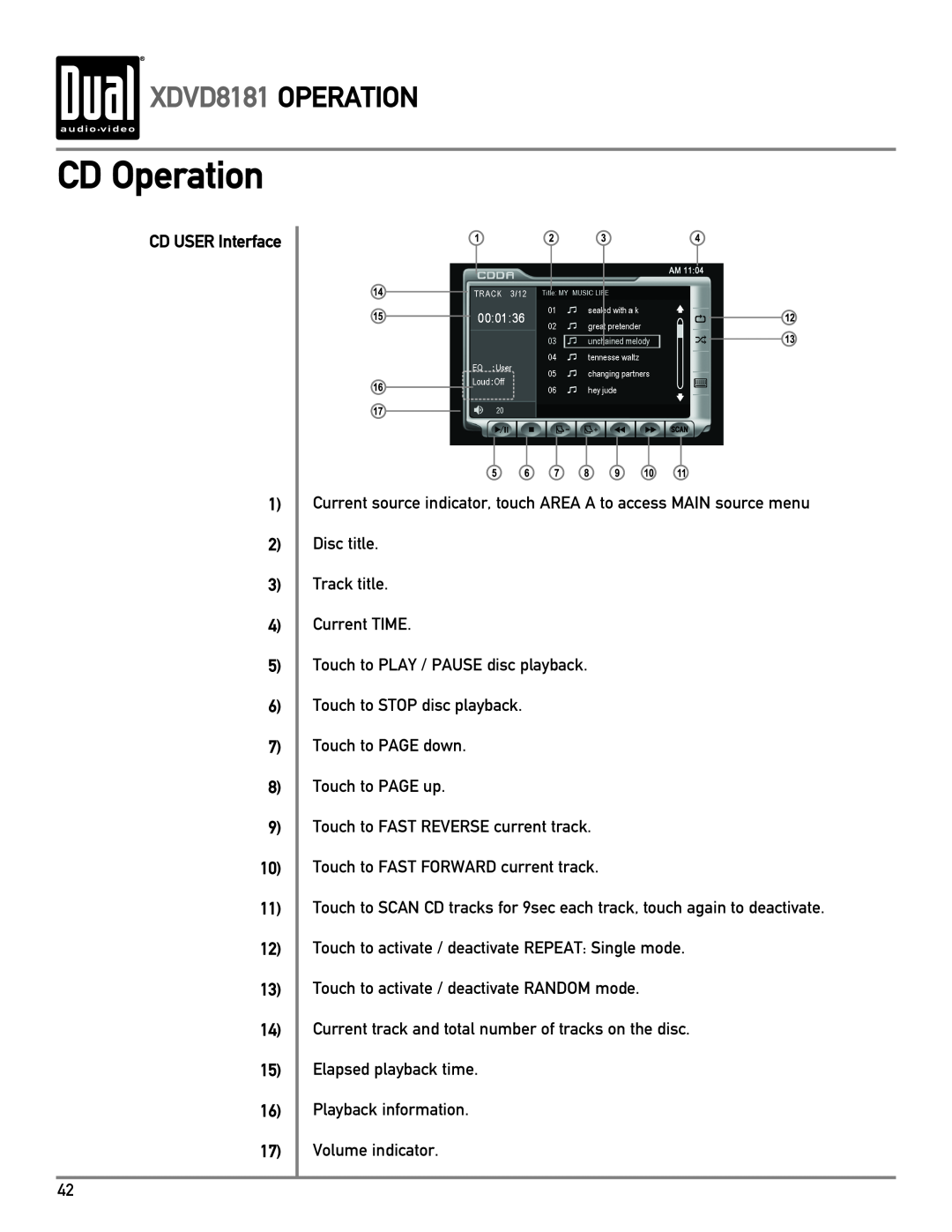 Dual owner manual CD Operation, XDVD8181 OPERATION, CD USER Interface 1 2 3 4 5 6 7 8 9 10 11 12 