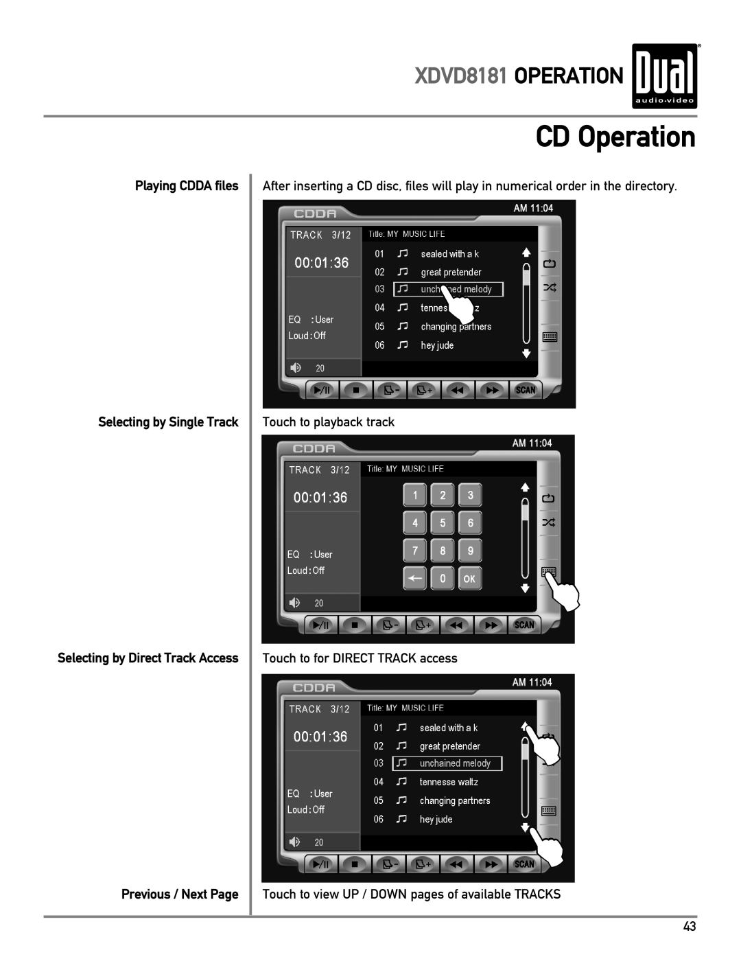 Dual owner manual CD Operation, XDVD8181 OPERATION, Playing CDDA files Selecting by Single Track, Previous / Next Page 
