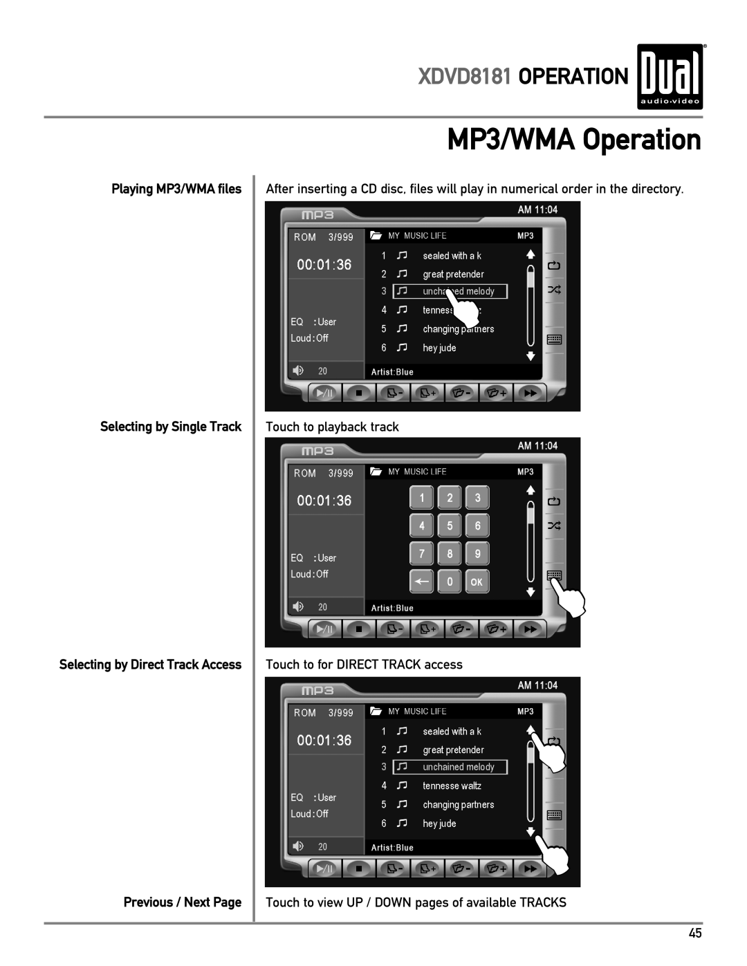 Dual MP3/WMA Operation, XDVD8181 OPERATION, Playing MP3/WMA files Selecting by Single Track, Previous / Next Page 