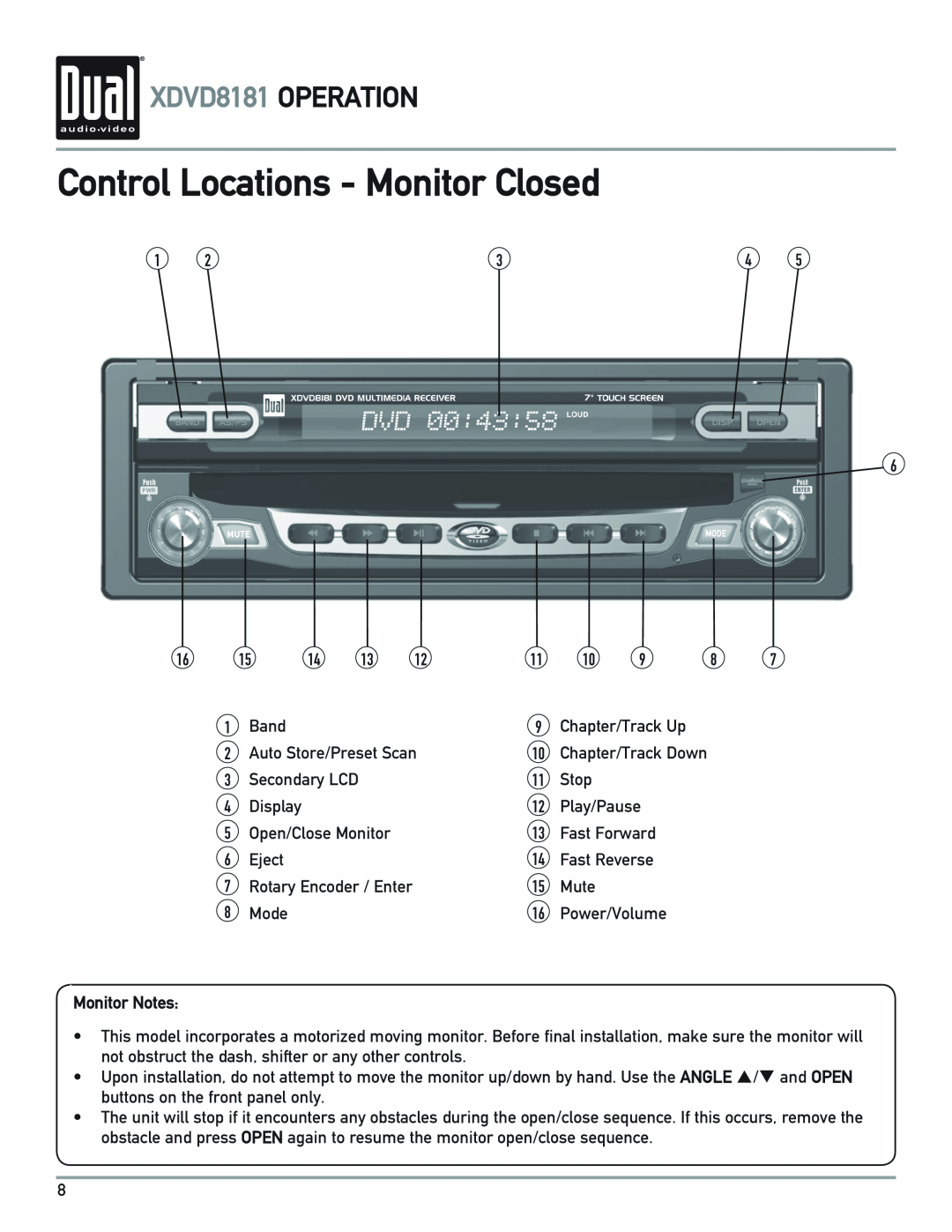 Dual owner manual Control Locations - Monitor Closed, XDVD8181 OPERATION, Monitor Notes 