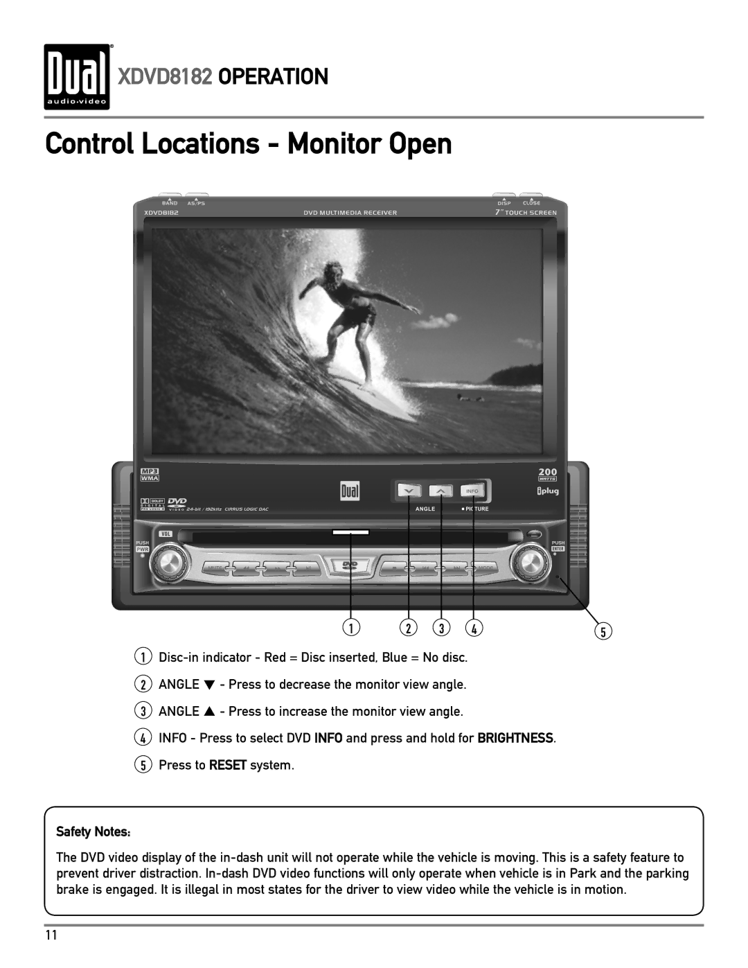 Dual XDVD8182 owner manual Control Locations Monitor Open, Safety Notes 