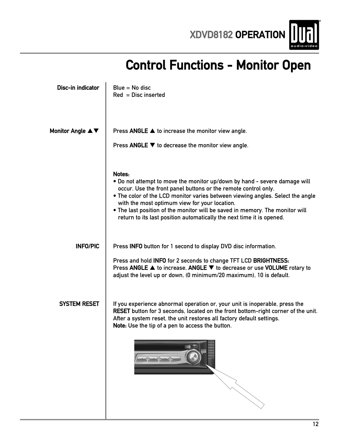 Dual XDVD8182 owner manual Control Functions Monitor Open, Disc-in indicator Monitor Angle pq 