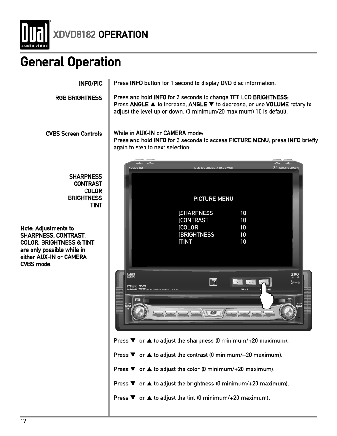 Dual XDVD8182 owner manual Cvbs Screen Controls, Sharpness Contrast Color Brightness Tint 