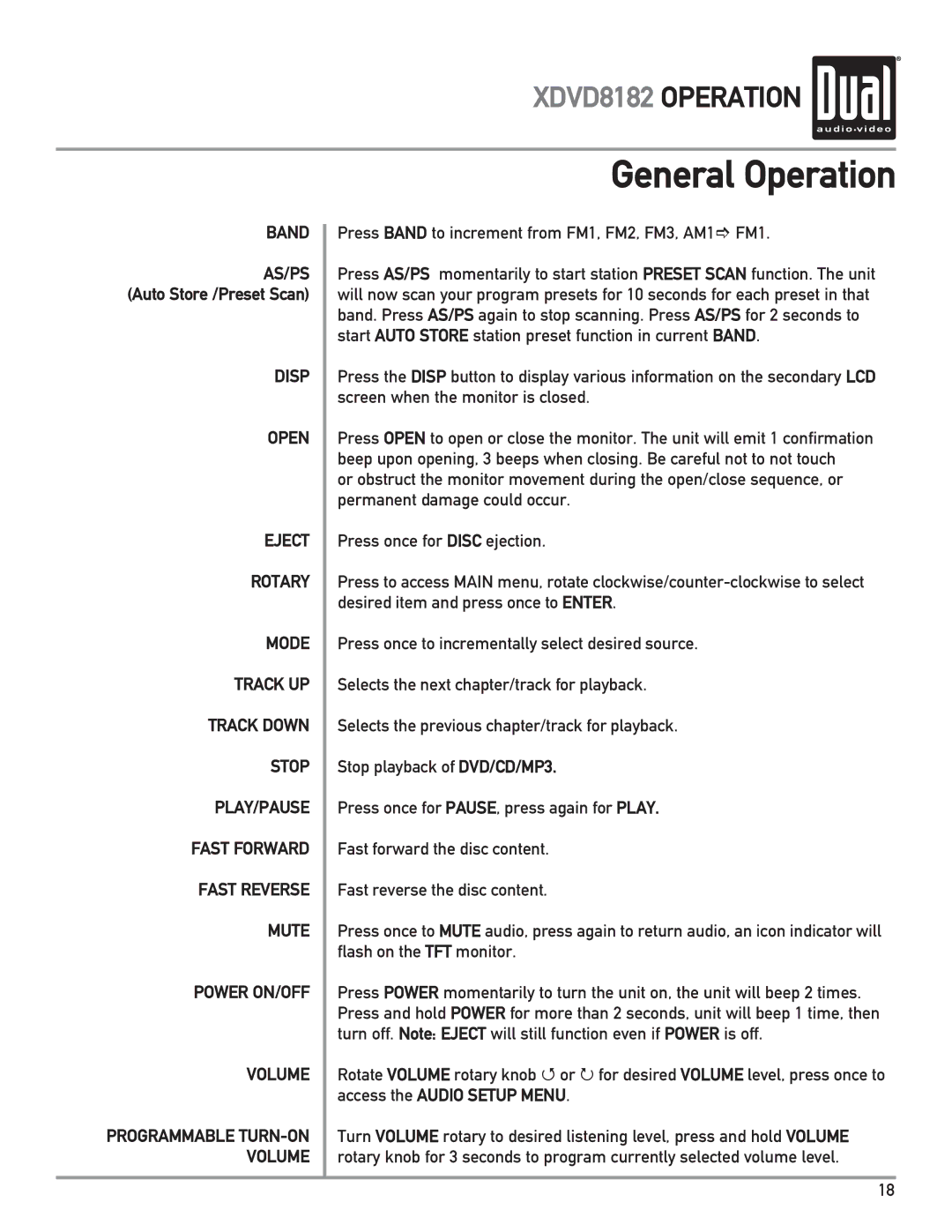 Dual XDVD8182 owner manual Press Band to increment from FM1, FM2, FM3, AM1 FM1 