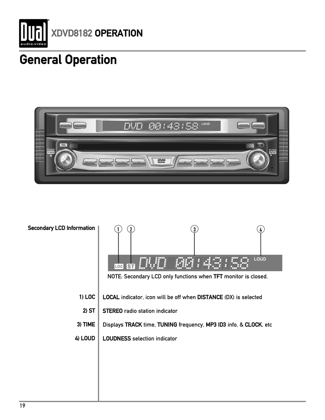 Dual XDVD8182 owner manual Loc, Time Loud 