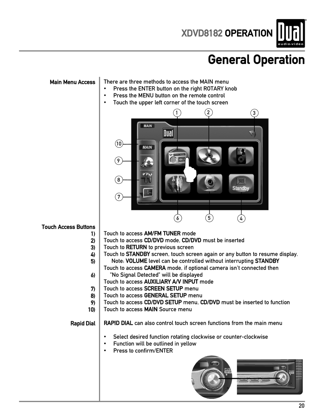 Dual XDVD8182 owner manual Main Menu Access, Rapid Dial 