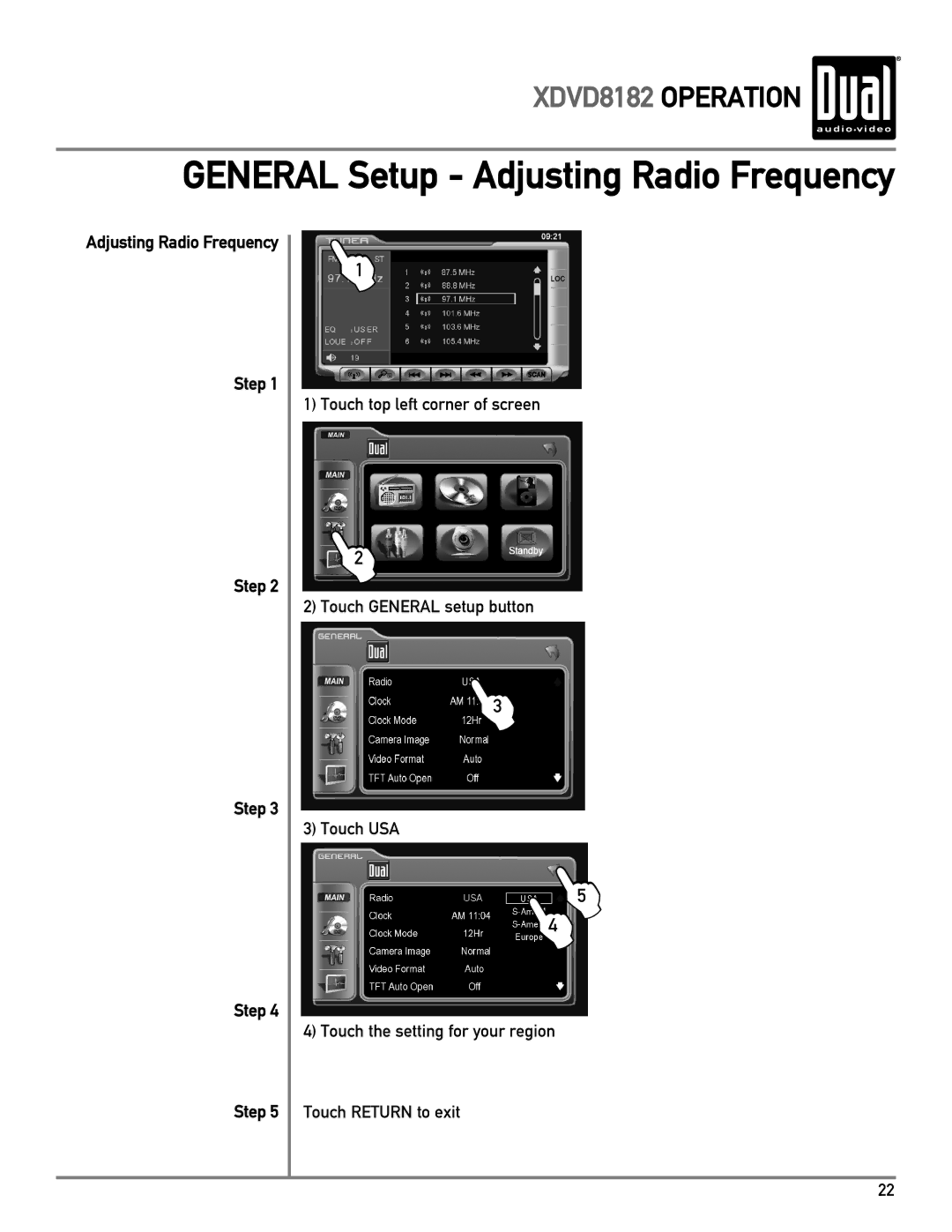 Dual XDVD8182 owner manual General Setup Adjusting Radio Frequency, Step 