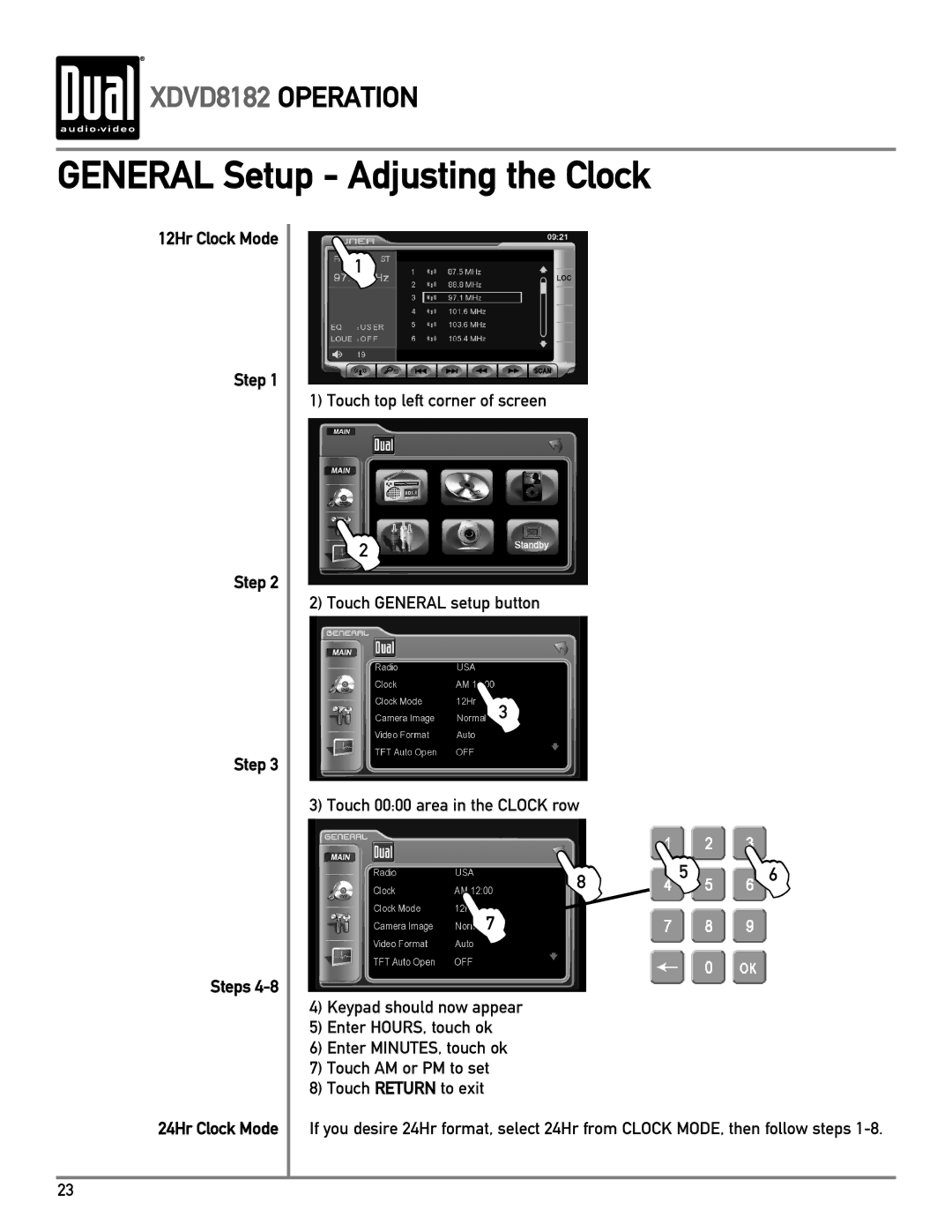 Dual XDVD8182 owner manual General Setup Adjusting the Clock, 12Hr Clock Mode Step Steps 24Hr Clock Mode 