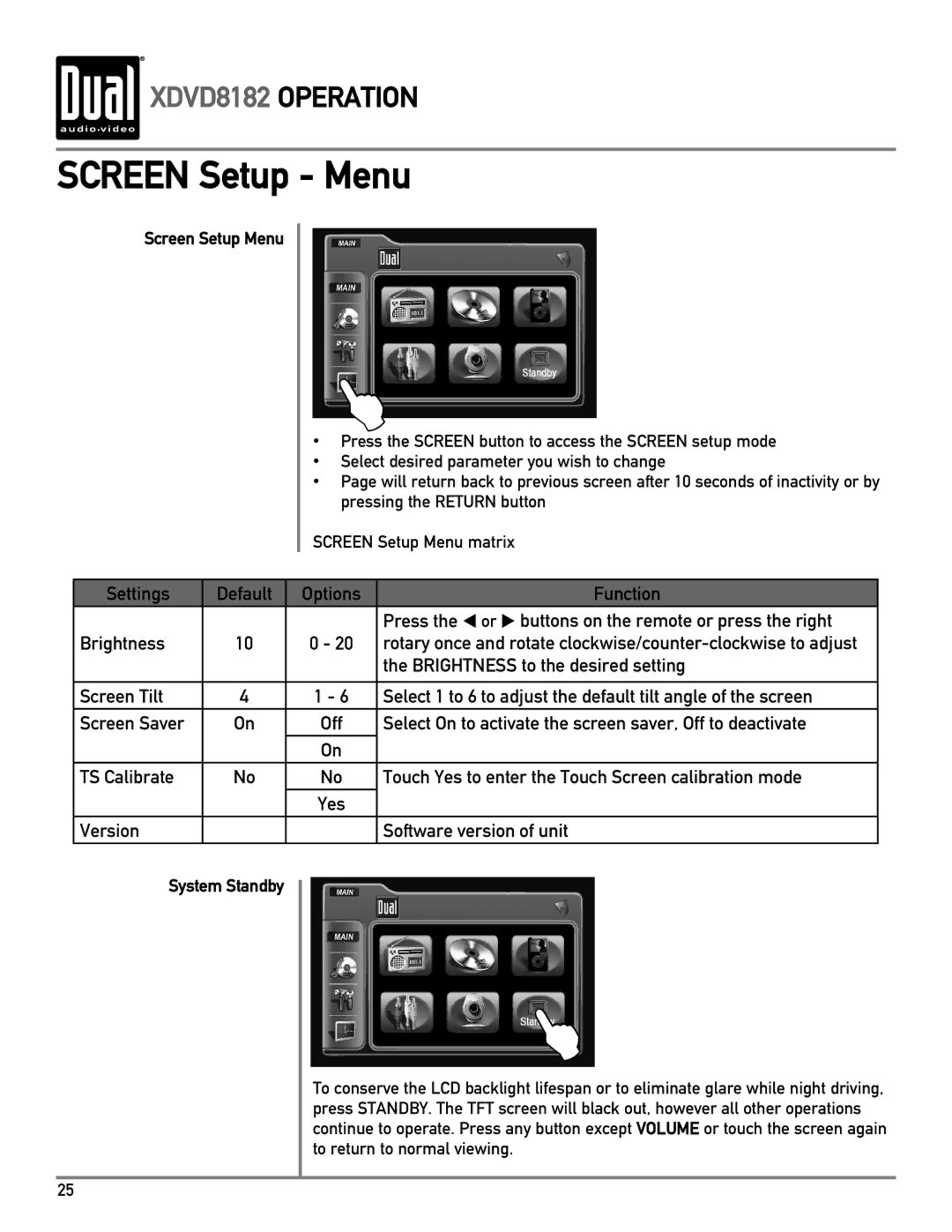 Dual XDVD8182 owner manual Screen Setup Menu, System Standby 