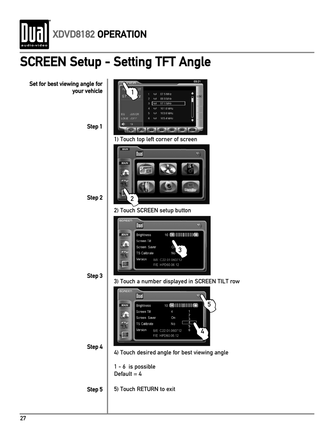 Dual XDVD8182 owner manual Screen Setup Setting TFT Angle 